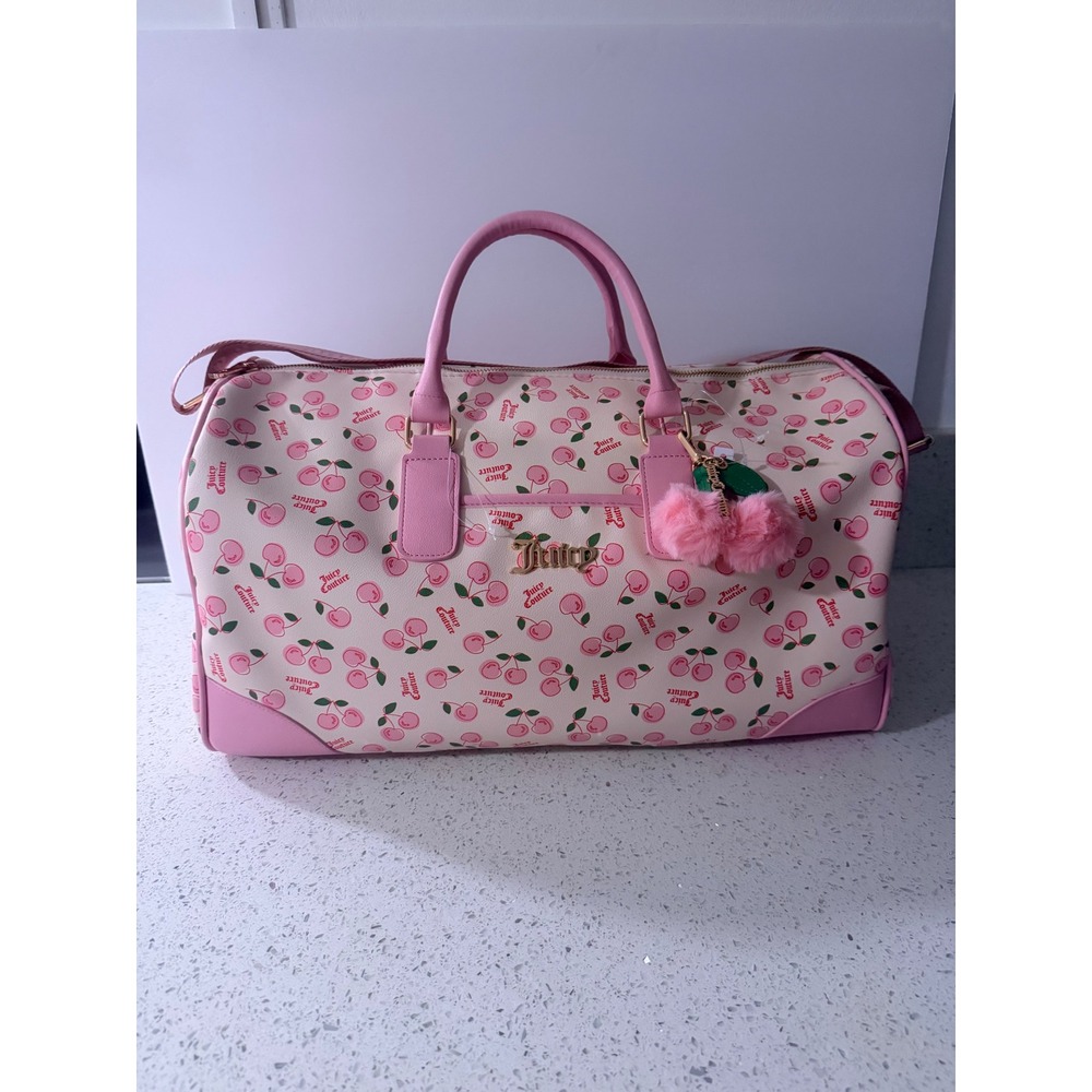 Juicy Couture Pink Cherry Print Duffle Bag Weekend Travel Bag with Pom Keychain